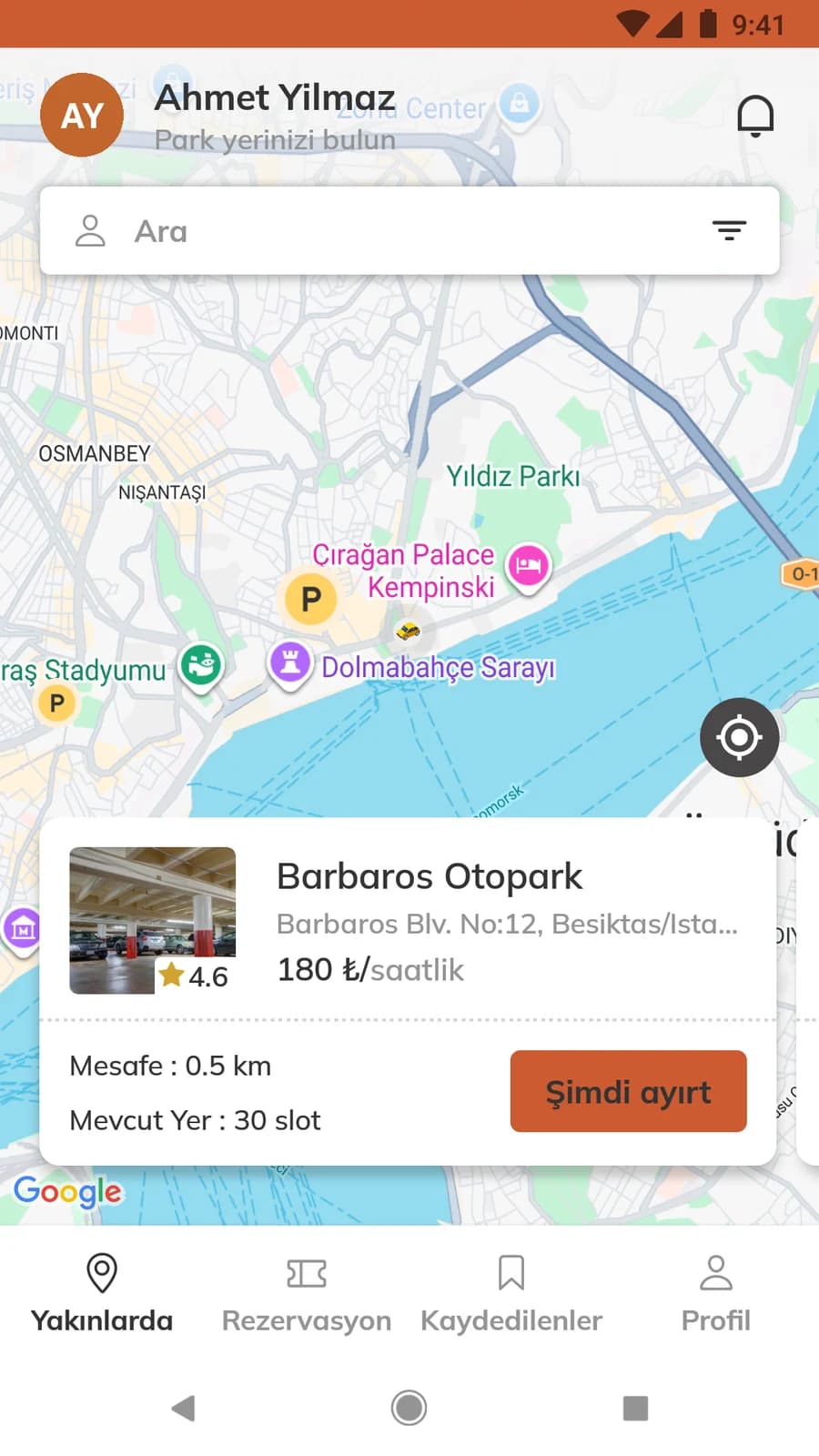 Yakındaki otoparkları fiyatlarıyla gösteren Jet Garaj harita ekranı