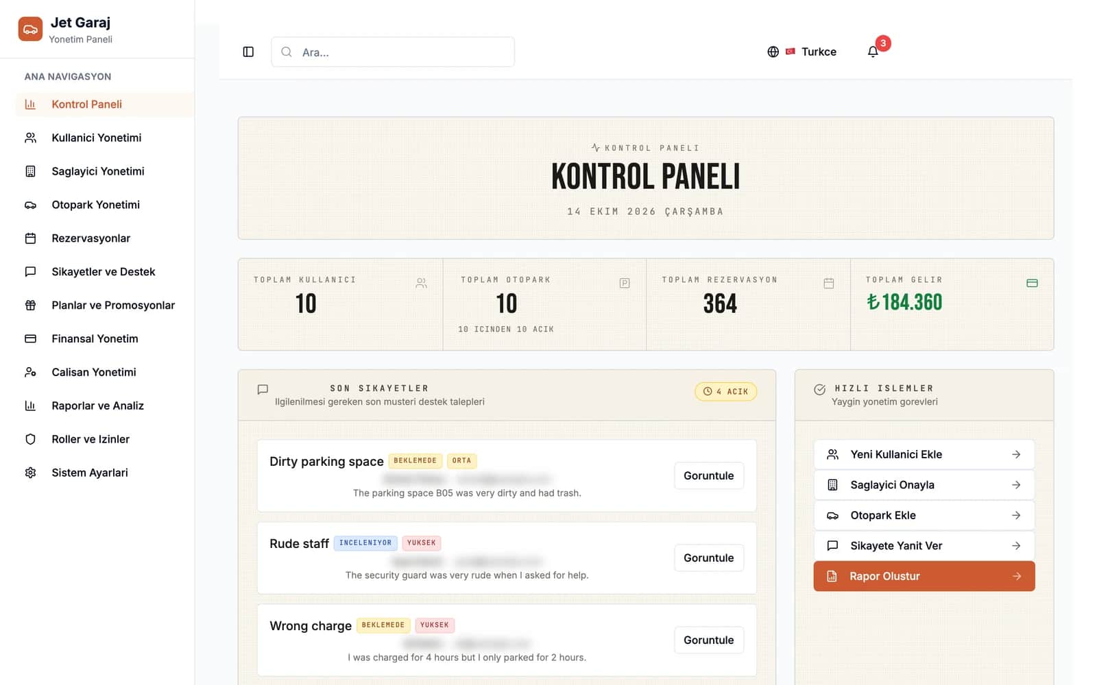 Platform genelindeki istatistikleri gösteren operasyon paneli